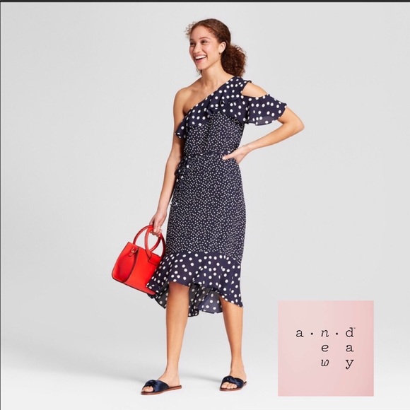 NEW Navy Polka Dot One Shoulder Dress - Picture 2 of 5